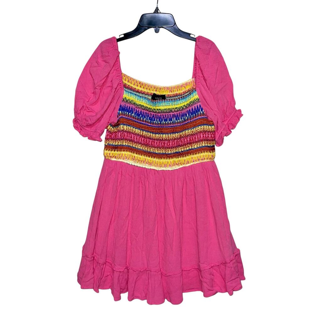 Mini Dress Pink Fit & Flare Smocked Puff Sleeve - Picture 3 of 11